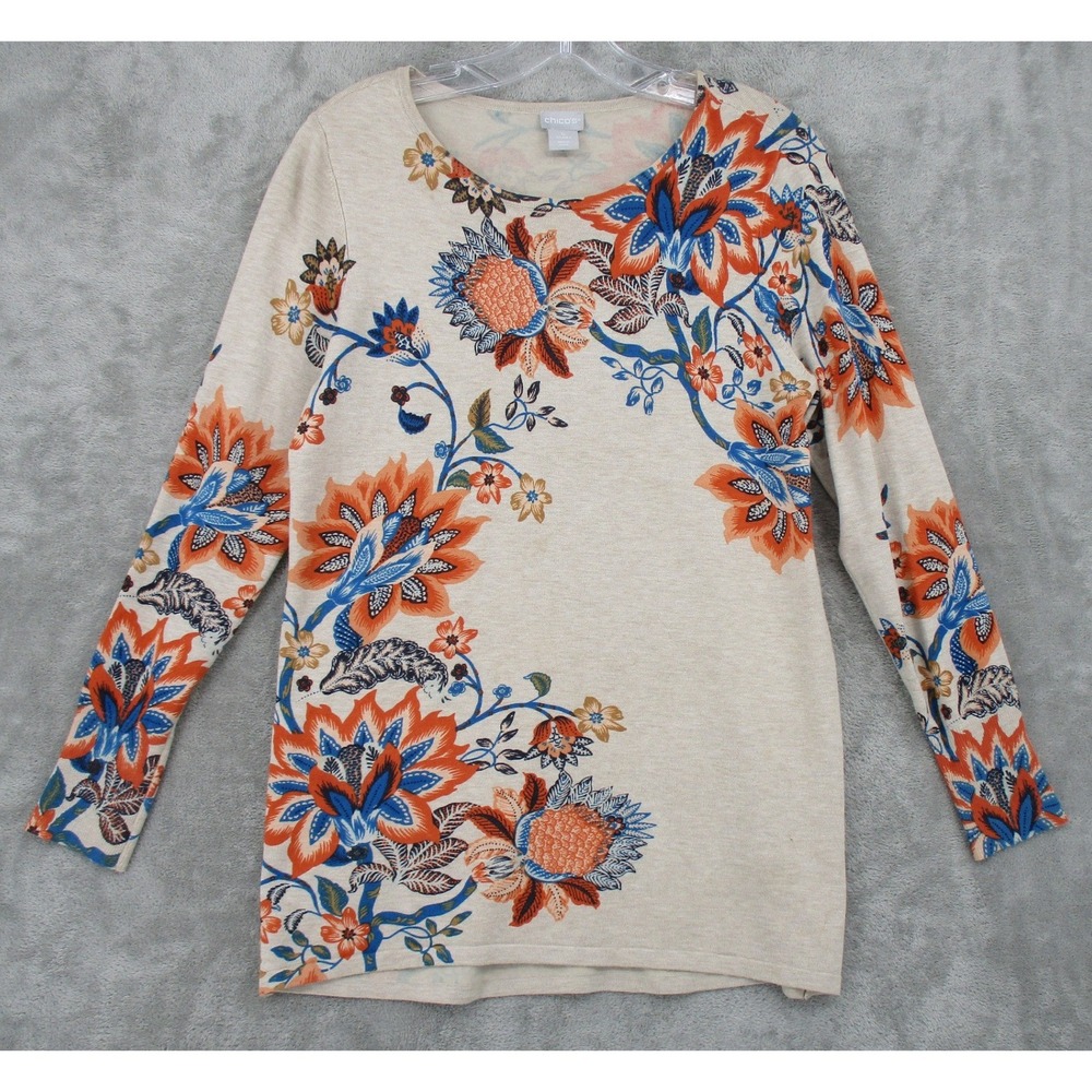Chicos Sweater Womens 0 US Small Beige Floral Pullover Lightweight Vibrant Knit